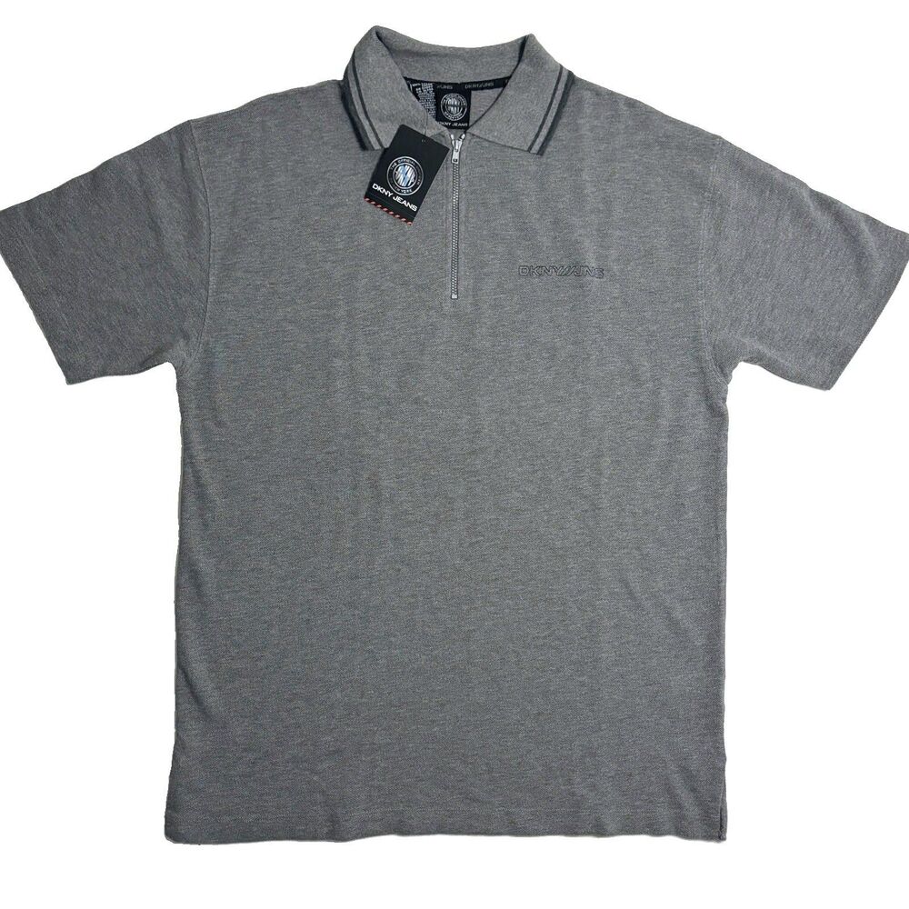 NEW DKNY JEANS Men's Solid Gray Zip Polo Shirt S Short Sleeve  90s Y2K NWT